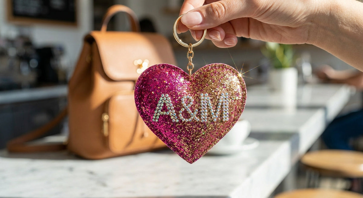 Ein einzigartiger, personalisierter schlüßelanhängerhandgefertigt aus moosgunni Glitzer an einer stylischen Handtasche.
