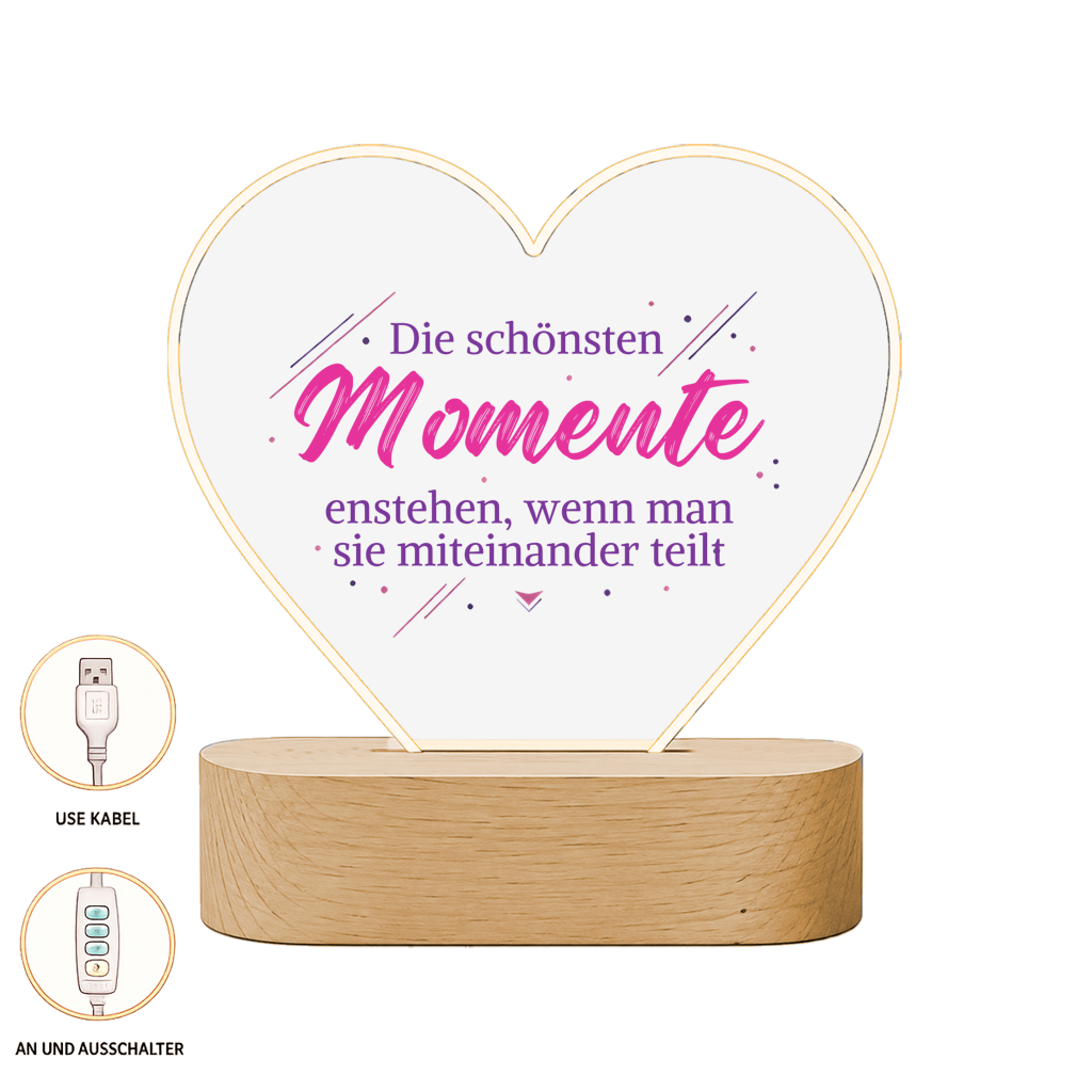 Beleuchteter Herz-Bilderrahmen mit Holzsockel und Spruch Die schönsten Momente von Wortmelodie Moments
