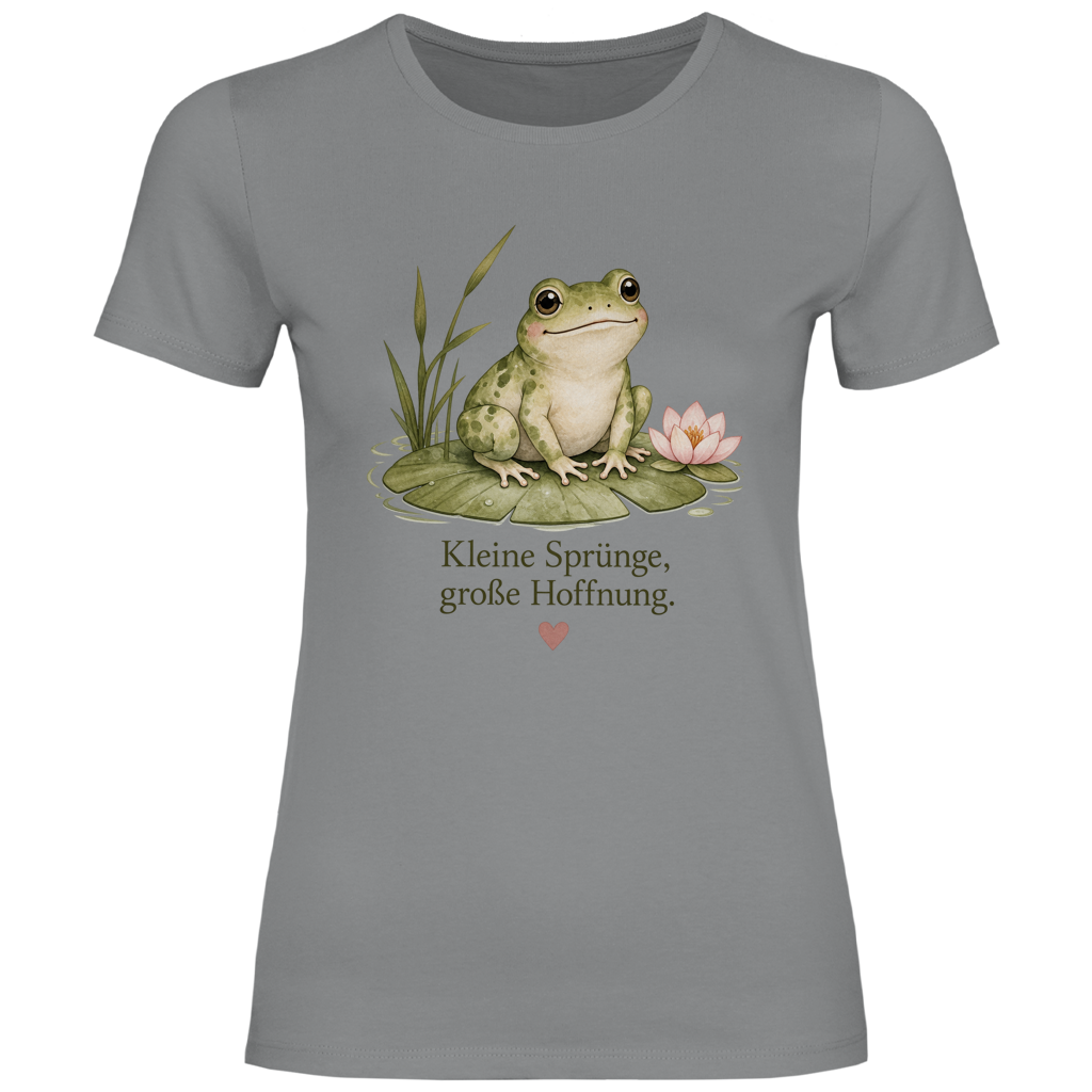 Damen T-Shirt Frosch „Kleine Sprünge, große Hoffnung“ – Figurbetontes Lieblingsstück in vielen Farben