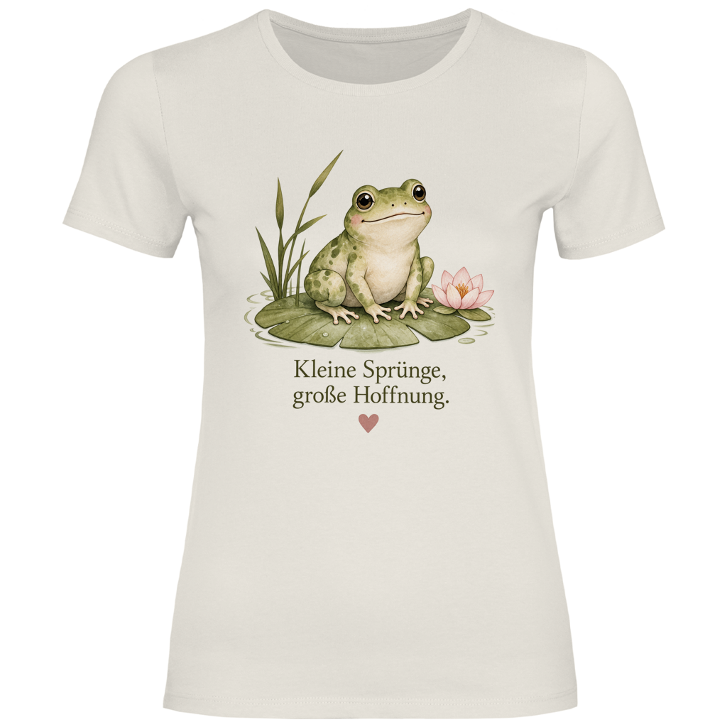 Damen T-Shirt Frosch „Kleine Sprünge, große Hoffnung“ – Figurbetontes Lieblingsstück in vielen Farben
