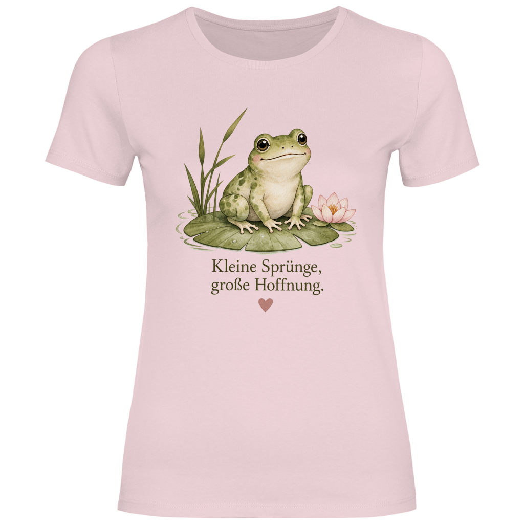Damen T-Shirt Frosch „Kleine Sprünge, große Hoffnung“ – Figurbetontes Lieblingsstück in vielen Farben