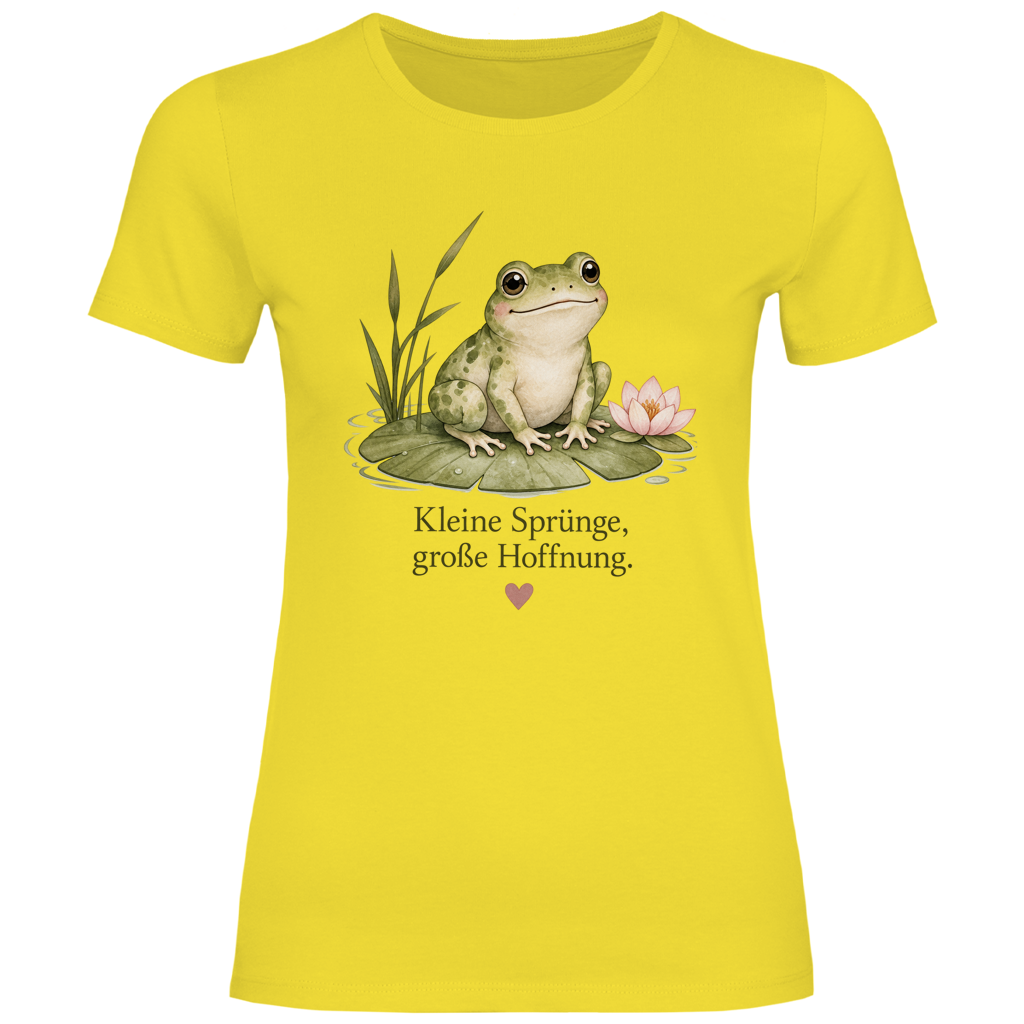 Damen T-Shirt Frosch „Kleine Sprünge, große Hoffnung“ – Figurbetontes Lieblingsstück in vielen Farben
