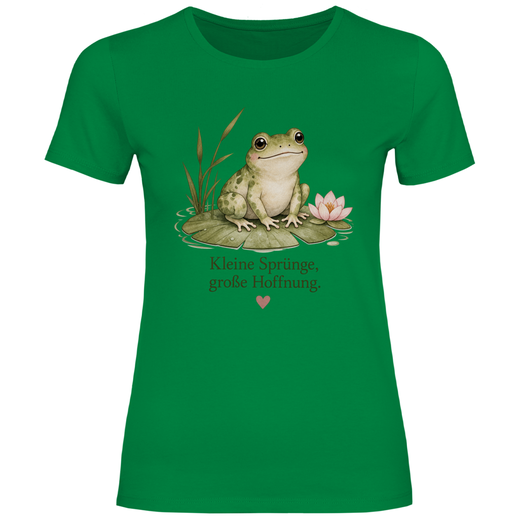 Damen T-Shirt Frosch „Kleine Sprünge, große Hoffnung“ – Figurbetontes Lieblingsstück in vielen Farben