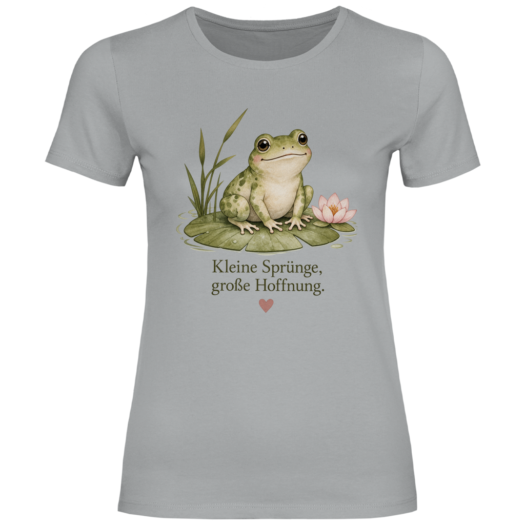 Damen T-Shirt Frosch „Kleine Sprünge, große Hoffnung“ – Figurbetontes Lieblingsstück in vielen Farben