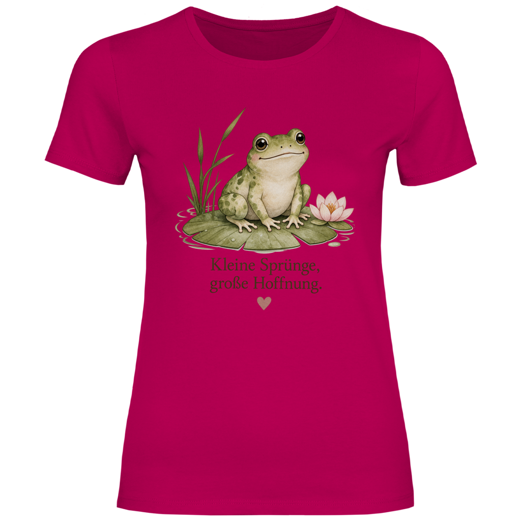 Damen T-Shirt Frosch „Kleine Sprünge, große Hoffnung“ – Figurbetontes Lieblingsstück in vielen Farben