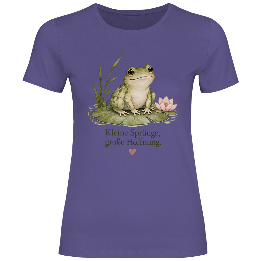 Damen T-Shirt Frosch „Kleine Sprünge, große Hoffnung“ – Figurbetontes Lieblingsstück in vielen Farben