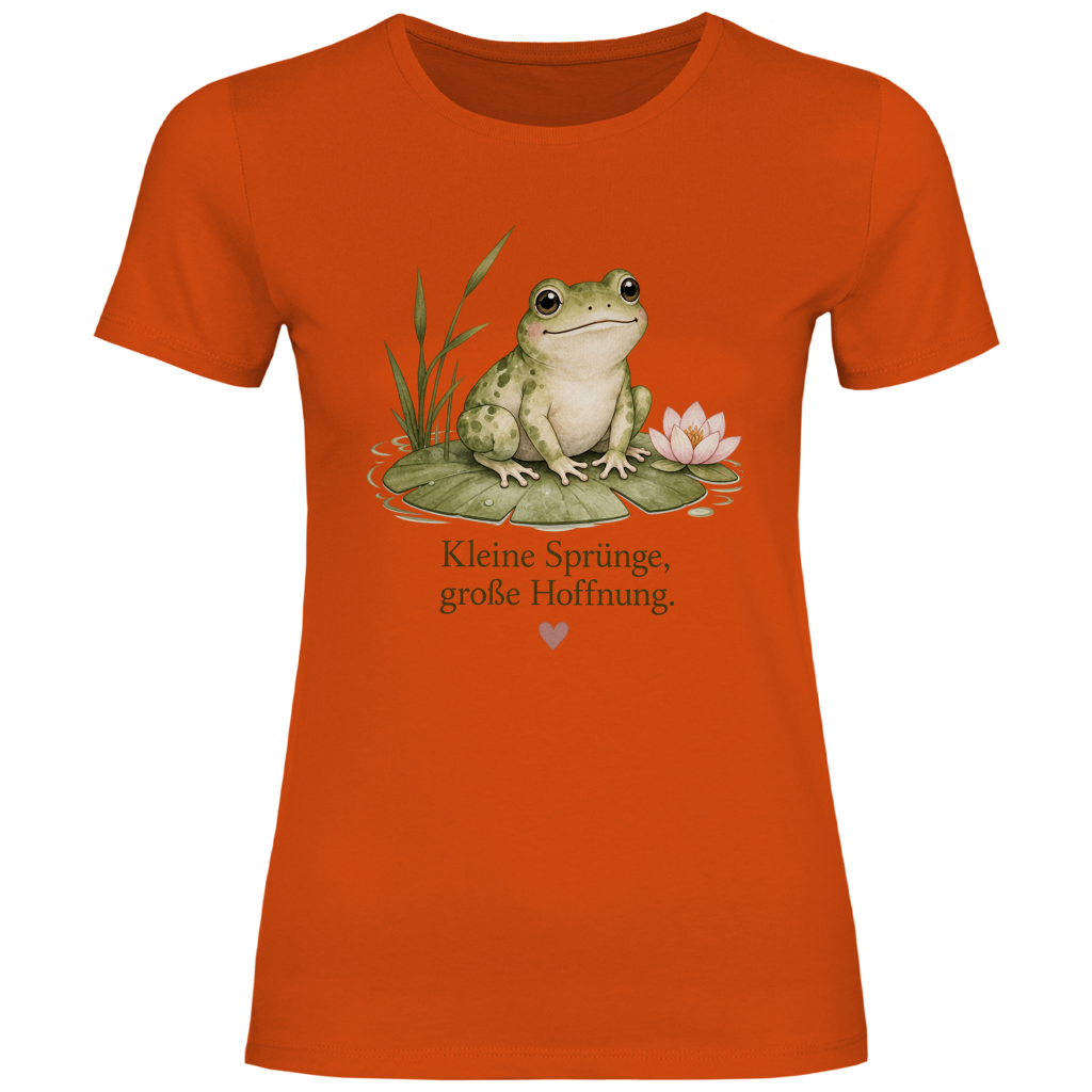 Damen T-Shirt Frosch „Kleine Sprünge, große Hoffnung“ – Figurbetontes Lieblingsstück in vielen Farben