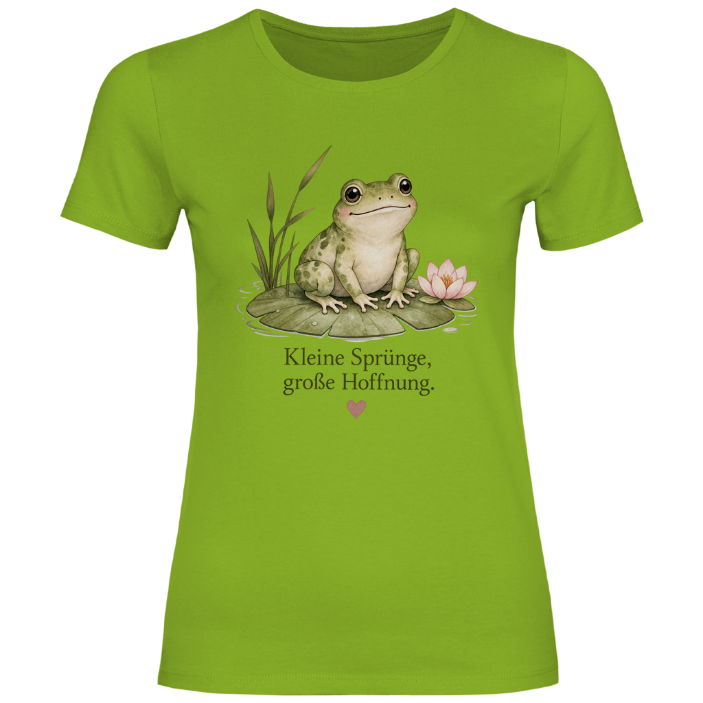 Damen T-Shirt Frosch „Kleine Sprünge, große Hoffnung“ – Figurbetontes Lieblingsstück in vielen Farben