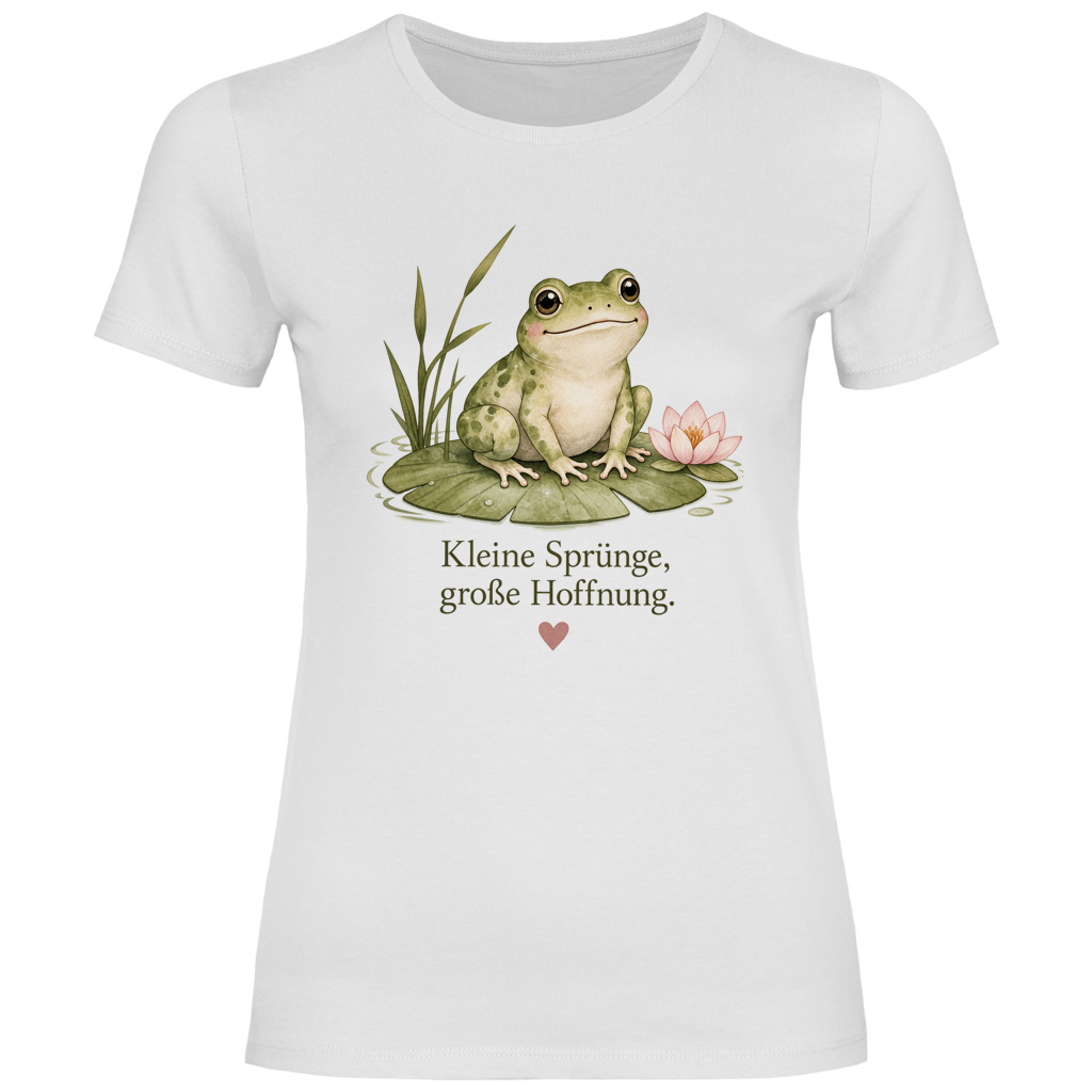 Damen T-Shirt Frosch „Kleine Sprünge, große Hoffnung“ – Figurbetontes Lieblingsstück in vielen Farben