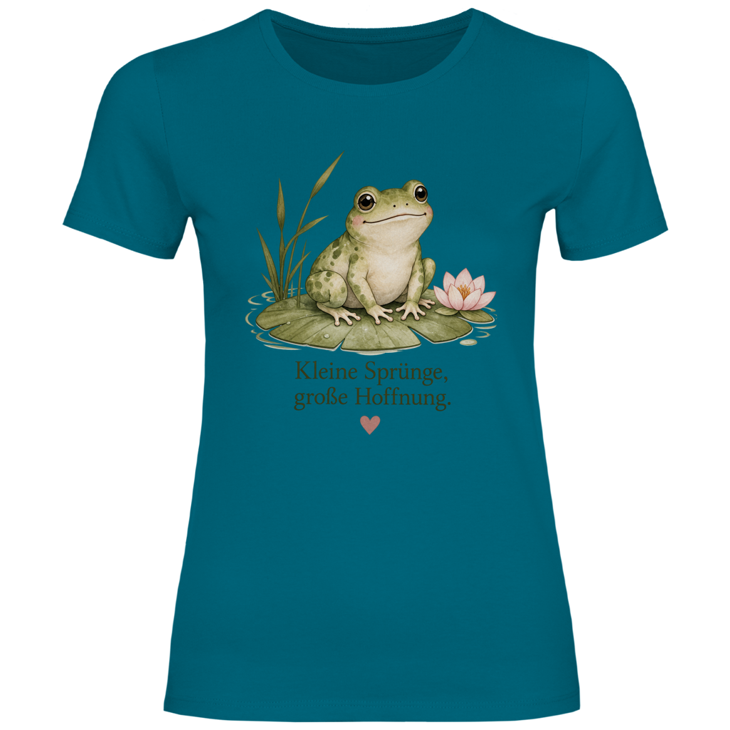 Damen T-Shirt Frosch „Kleine Sprünge, große Hoffnung“ – Figurbetontes Lieblingsstück in vielen Farben