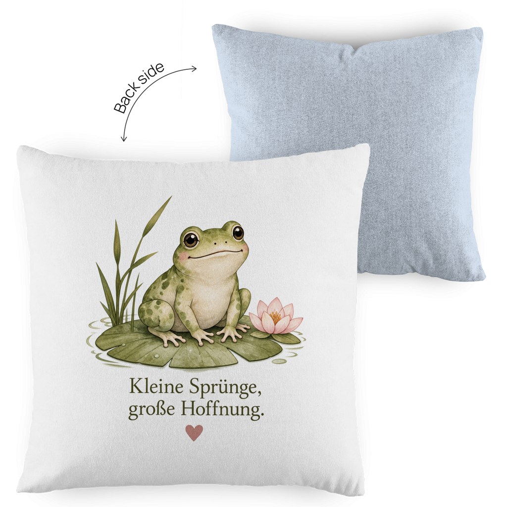 Zweifarbiger Kissenbezug Frosch „Kleine Sprünge, große Hoffnung“ – Gemütlichkeit mit Vintage-Charme