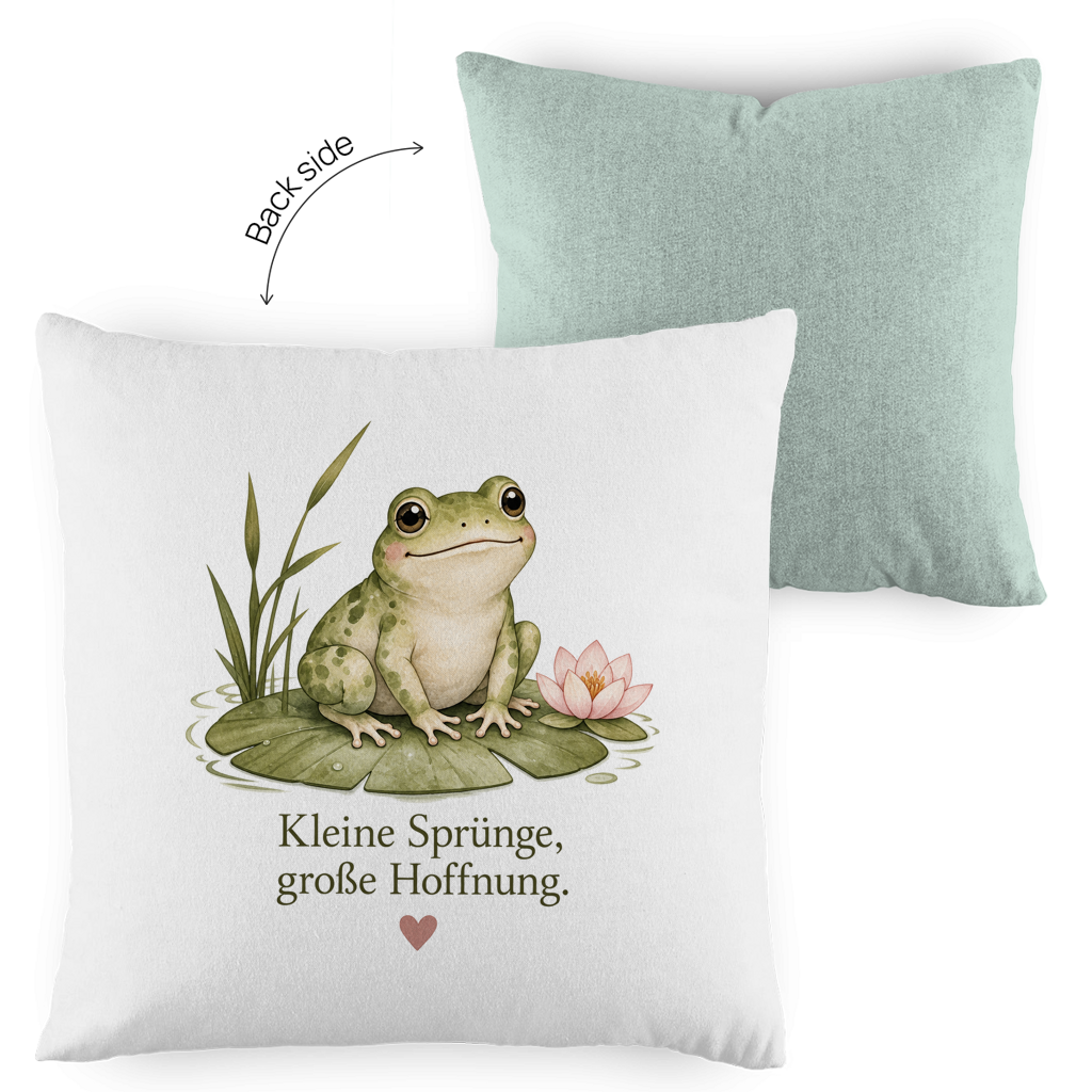 Zweifarbiger Kissenbezug Frosch „Kleine Sprünge, große Hoffnung“ – Gemütlichkeit mit Vintage-Charme