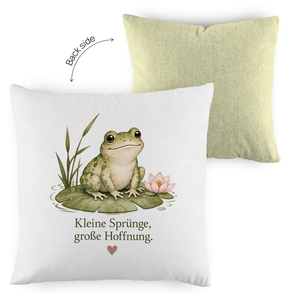 Zweifarbiger Kissenbezug Frosch „Kleine Sprünge, große Hoffnung“ – Gemütlichkeit mit Vintage-Charme