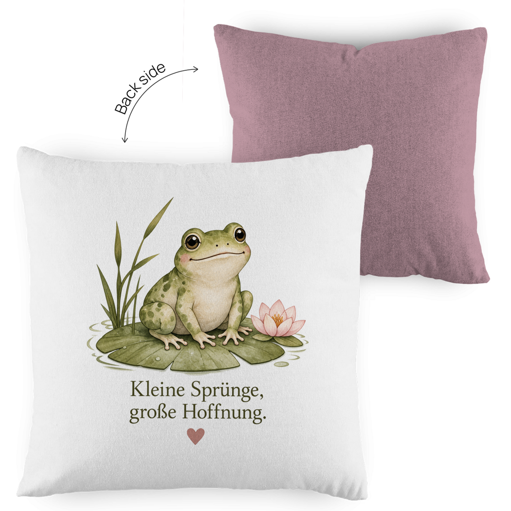 Zweifarbiger Kissenbezug Frosch „Kleine Sprünge, große Hoffnung“ – Gemütlichkeit mit Vintage-Charme