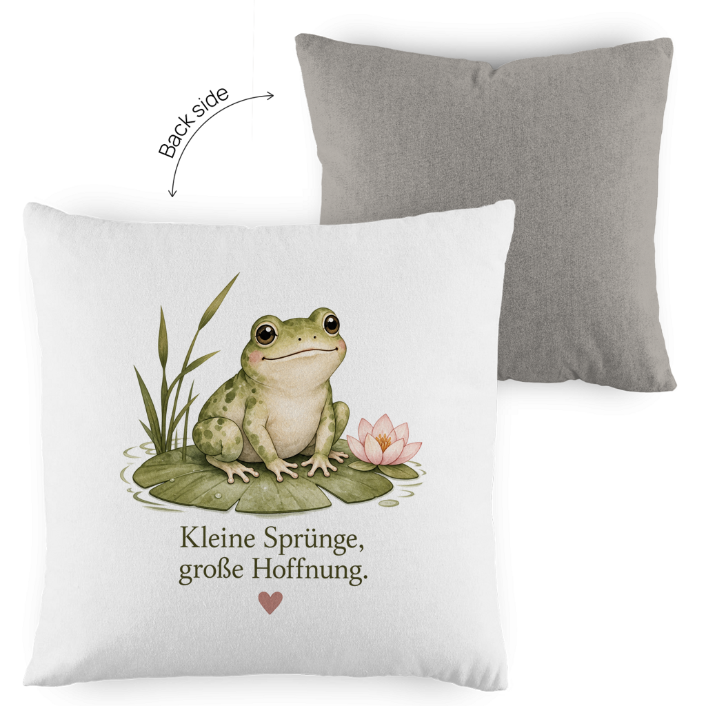 Zweifarbiger Kissenbezug Frosch „Kleine Sprünge, große Hoffnung“ – Gemütlichkeit mit Vintage-Charme