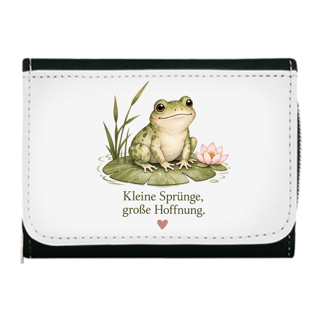 Bedruckte Geldbörse mit Frosch auf Seerosenblatt und Aufschrift „Kleine Sprünge, große Hoffnung.“ von Wortmelodie Moments