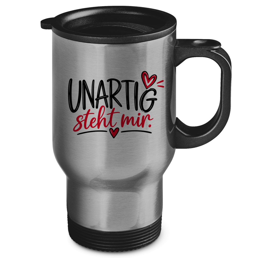Edelstahl-Thermobecher mit Aufschrift UNARTIG steht mir von Wortmelodie Moments, schwarzem Griff und Deckel