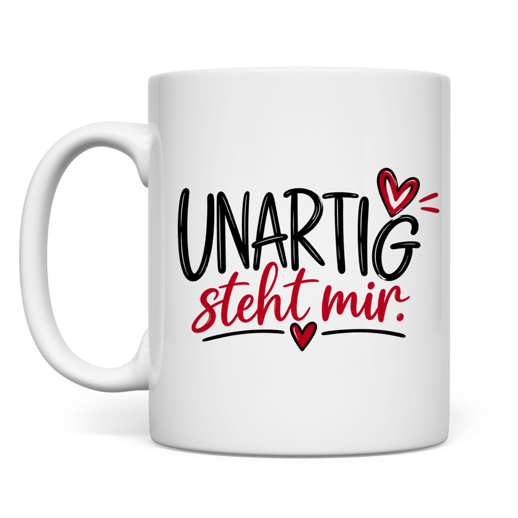 Hochweiße Keramiktasse mit Aufschrift UNARTIG steht mir und C-förmigem Henkel von Wortmelodie Moments