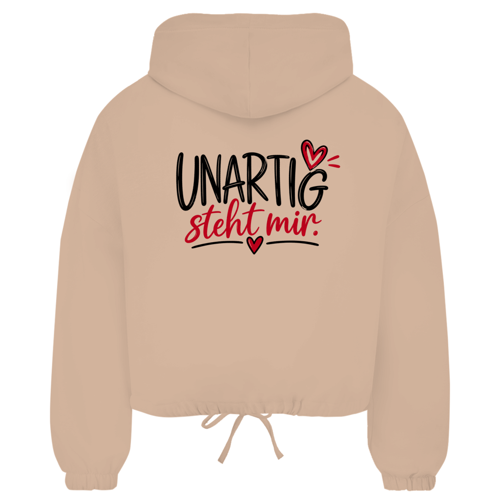 Beiger TriDri® Damen Zipper Hoodie mit großem Rückendruck „UNARTIG steht mir“ und Kordelzug an der Taille von Wortmelodie Moments