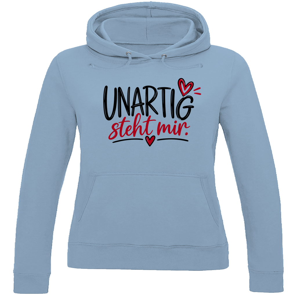 Hellblauer Damen Hoodie mit Aufschrift UNARTIG steht mir von Wortmelodie Moments