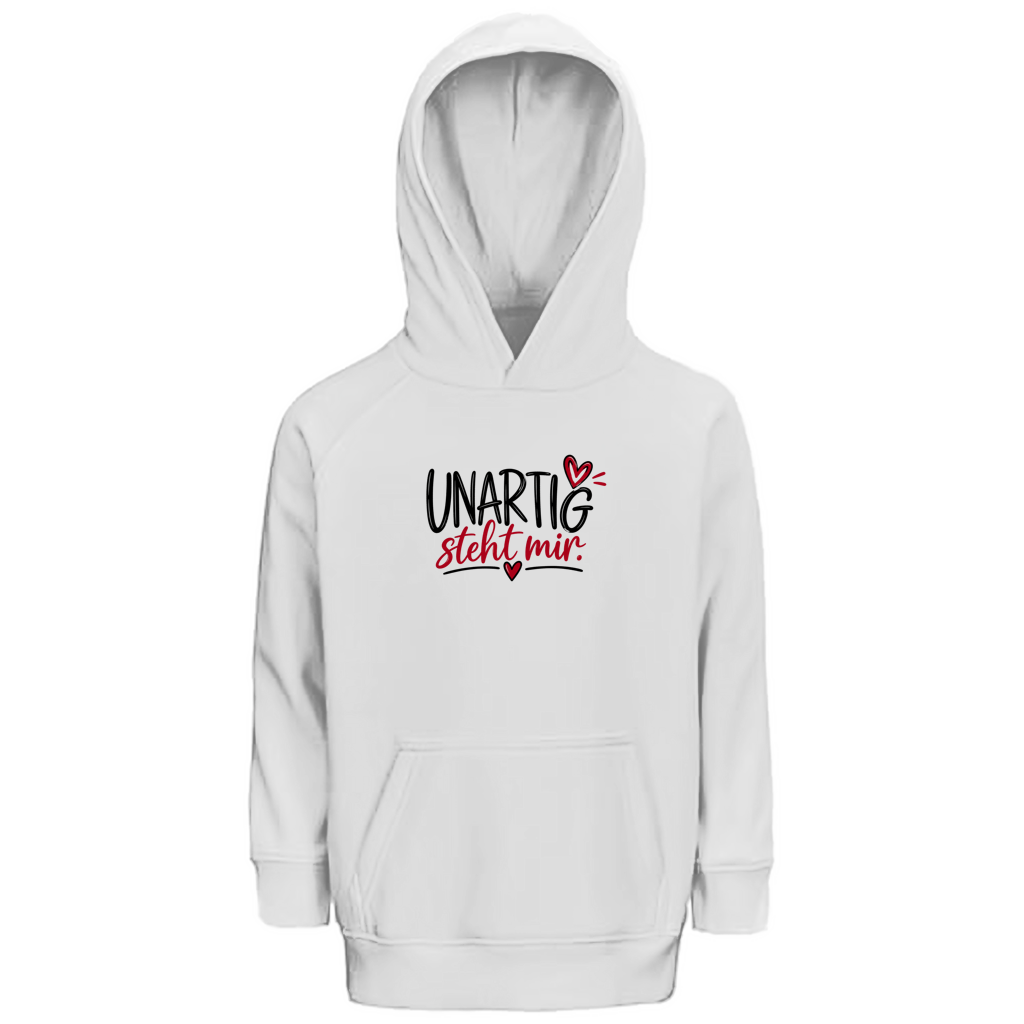 Weißer Kinder Premium Bio Hoodie mit Aufschrift UNARTIG steht mir von Wortmelodie Moments