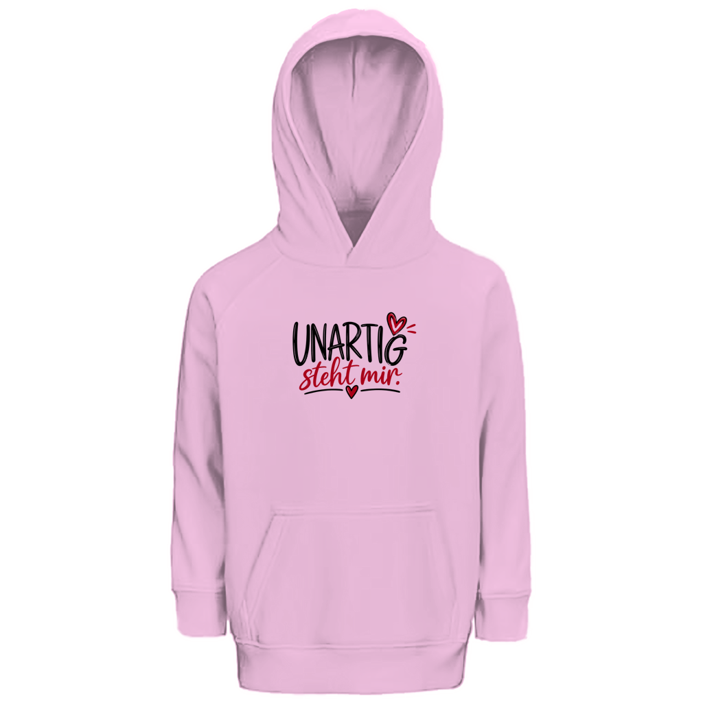 Verschiedene Farbvarianten des Kinder Premium Bio Hoodies UNARTIG steht mir von Wortmelodie Moments in Weiß, Blau und Rosa