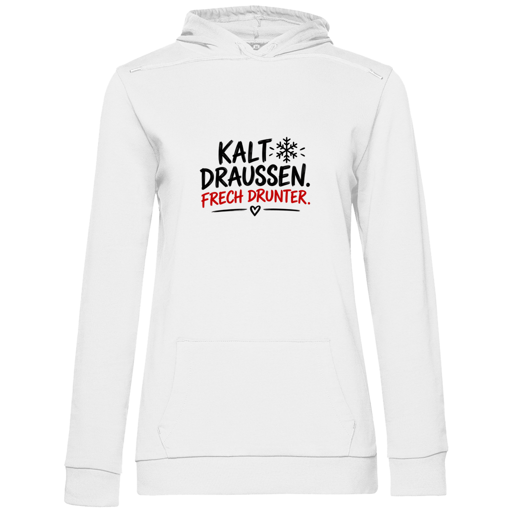 Weißer Damen Promo Hoodie mit Aufdruck Kalt draußen Frech drunter von Wortmelodie Moments