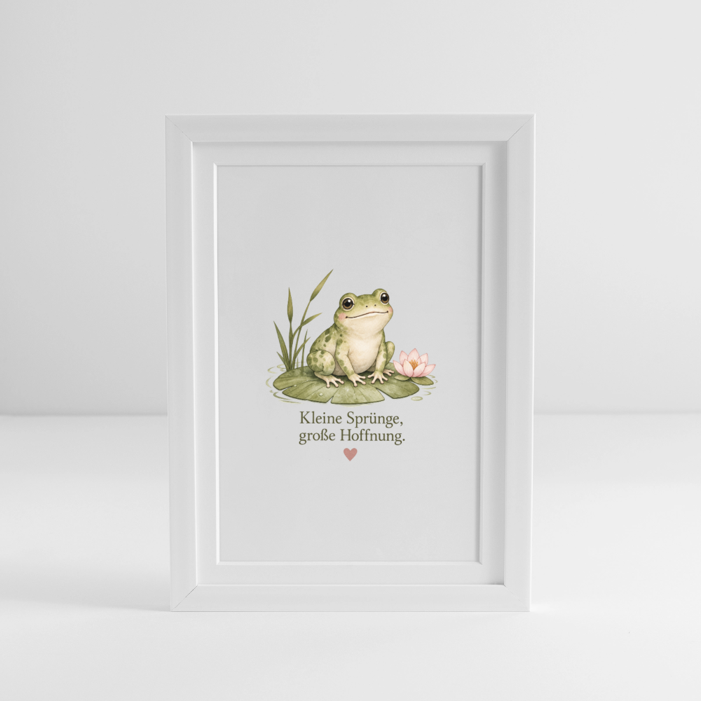 Gerahmtes Poster (27 × 37 cm) Frosch Kleine Sprünge, goße Hoffnung - Weiß