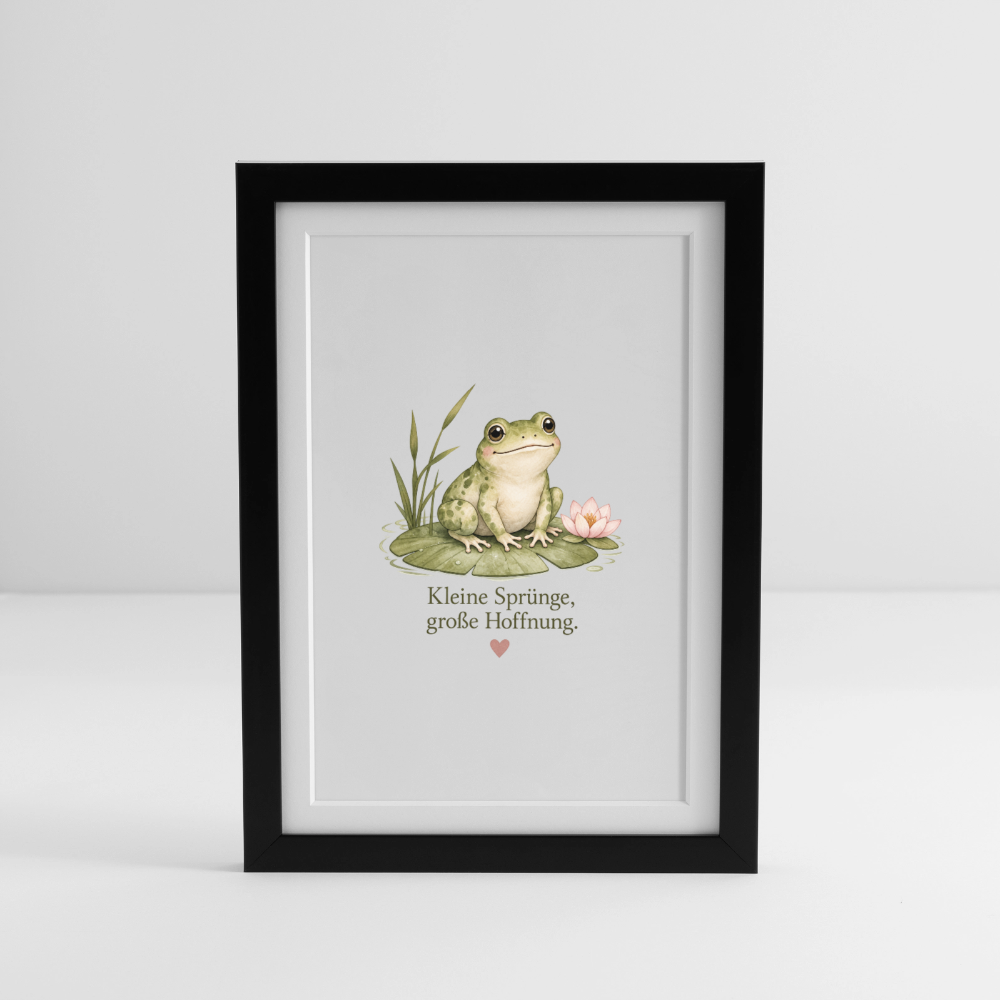 Gerahmtes Poster (27 × 37 cm) Frosch Kleine Sprünge, goße Hoffnung - Schwarz