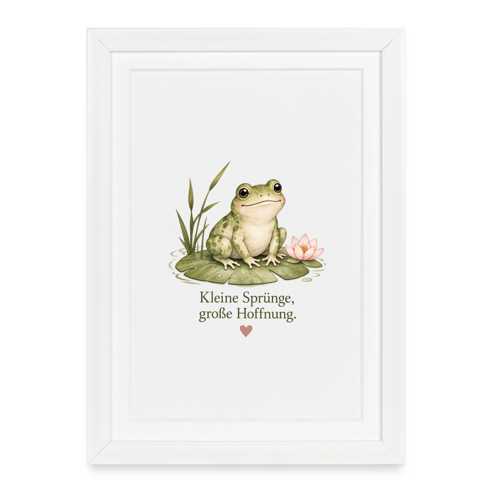 Gerahmtes Poster (27 × 37 cm) Frosch Kleine Sprünge, goße Hoffnung - Weiß