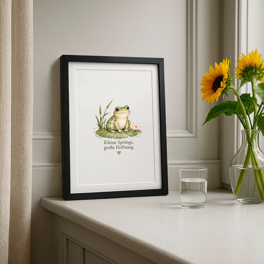 Gerahmtes Poster Frosch mit Motiv Kleine Sprünge große Hoffnung und Passepartout von Wortmelodie Moments