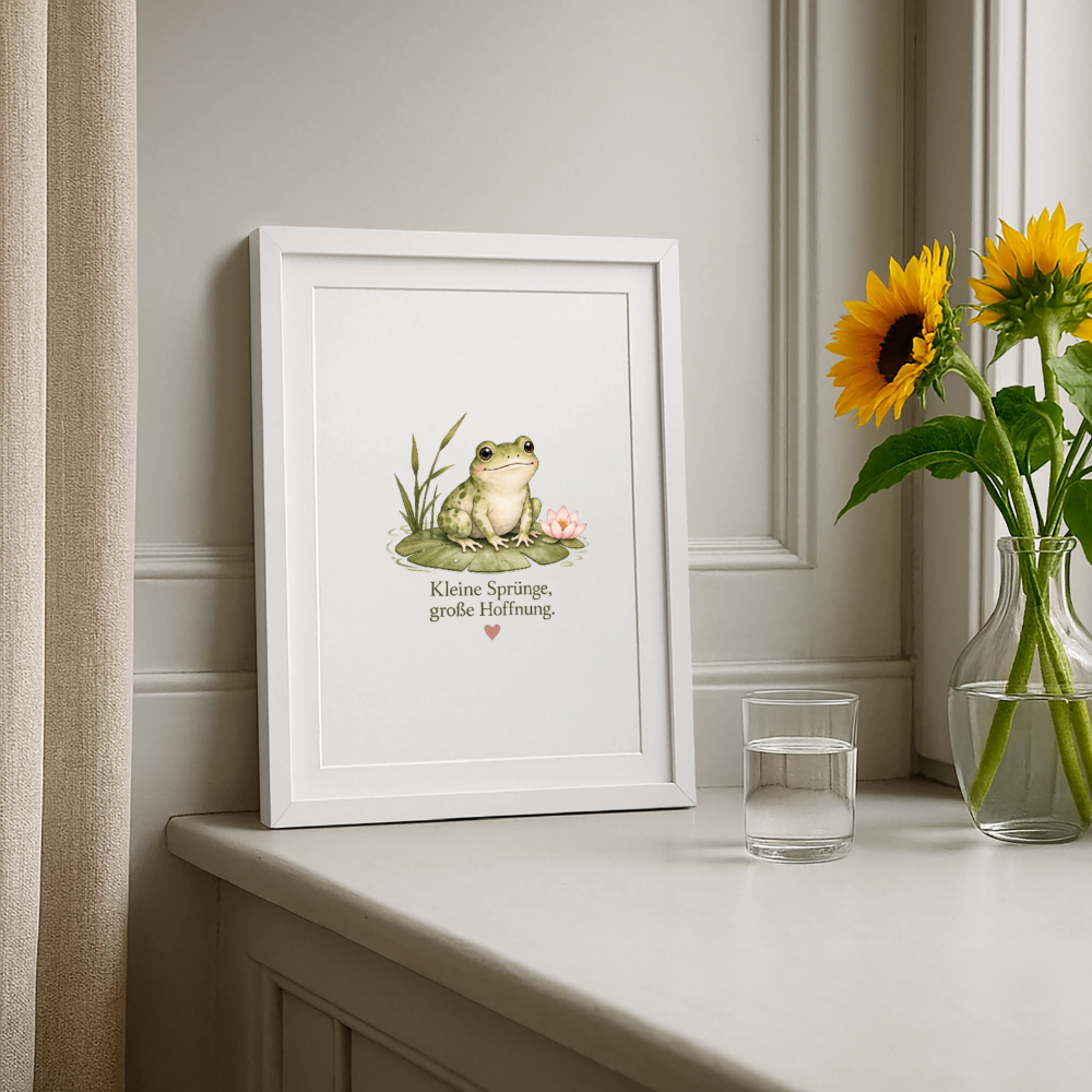 Gerahmtes Poster (27 × 37 cm) Frosch Kleine Sprünge, goße Hoffnung - Weiß