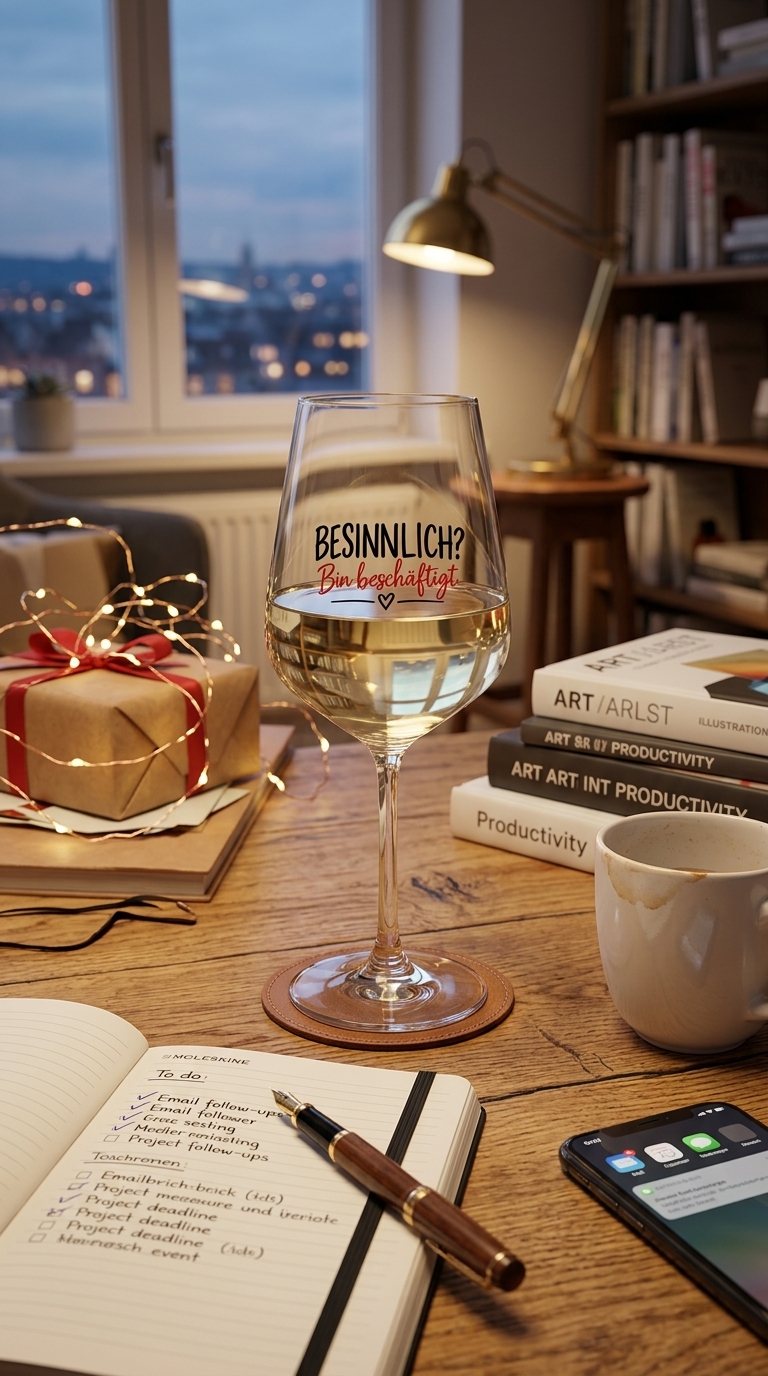 Weinglas „Besinnlich? Bin beschäftigt.“ – Genuss mit Stil und einer Portion Humor