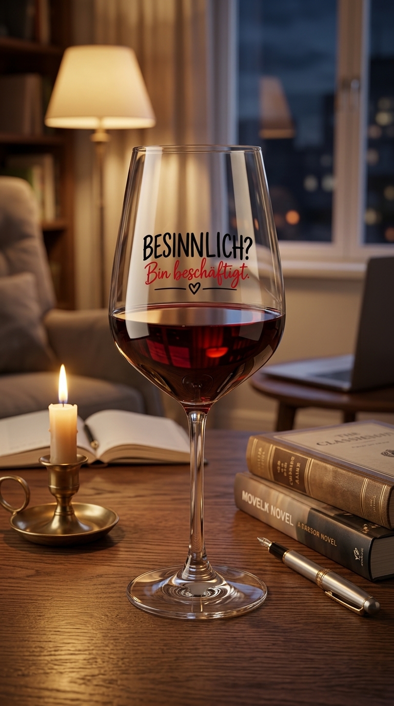 Weinglas „Besinnlich? Bin beschäftigt.“ – Genuss mit Stil und einer Portion Humor
