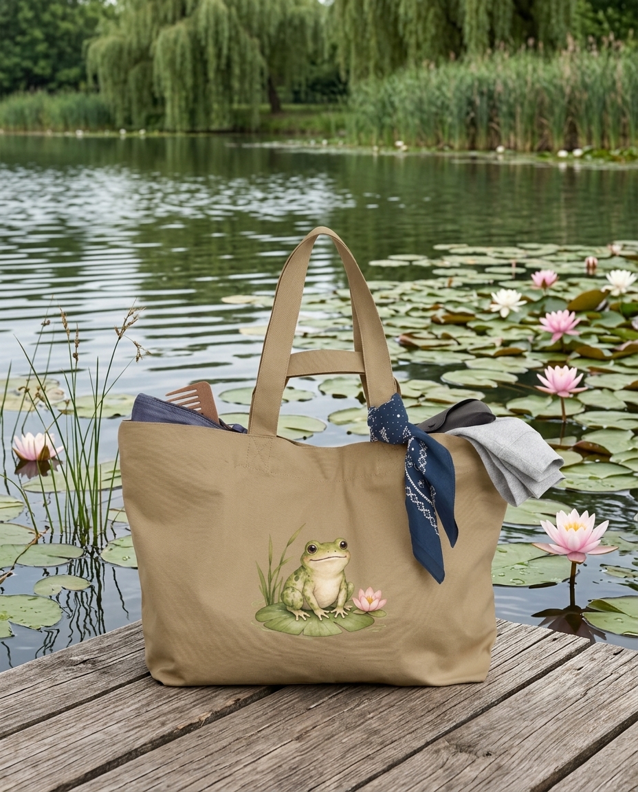Recycelte Shopping Bag Frosch „Kleine Sprünge, große Hoffnung“ – Dein nachhaltiger Begleiter für den Alltag