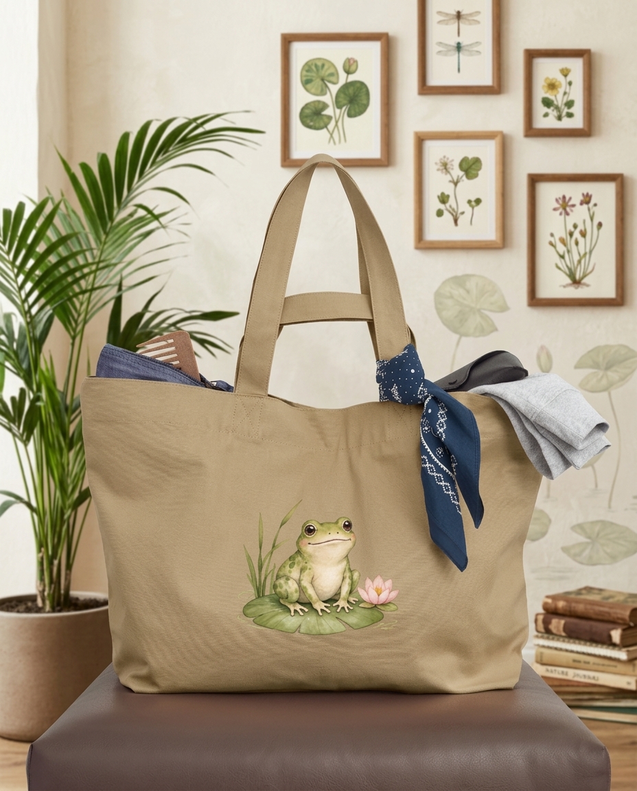 Recycelte Shopping Bag Frosch „Kleine Sprünge, große Hoffnung“ – Dein nachhaltiger Begleiter für den Alltag