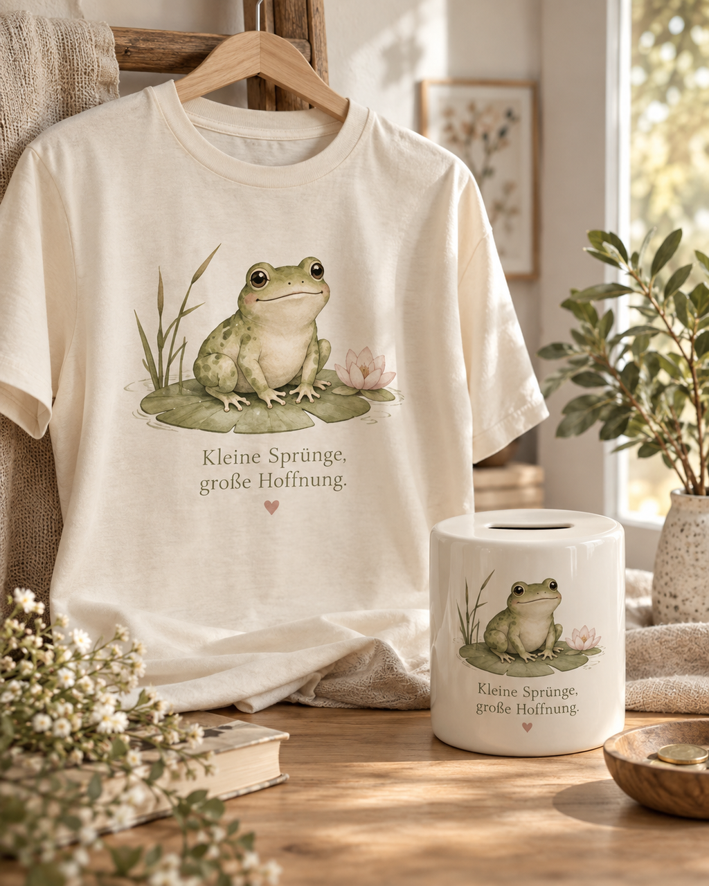 Das charmante Damen T-Shirt „Kleine Sprünge, große Hoffnung“ mit liebevollem Frosch-Motiv
