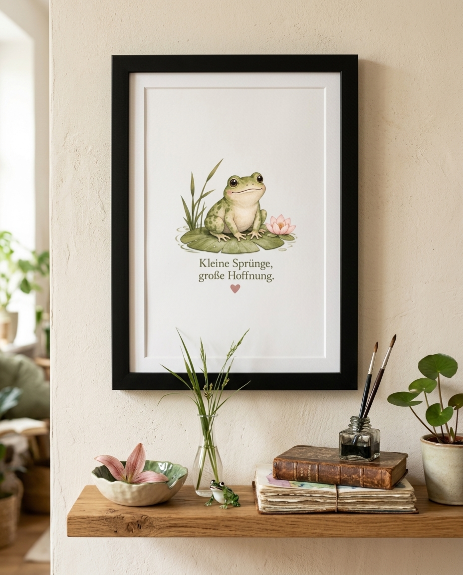 Gerahmtes Poster Frosch „Kleine Sprünge, große Hoffnung“ – Stilvolle Wanddekoration mit Herz