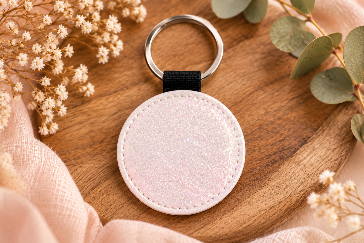 Runderr Kunstleder-Schlüsselanhänger Rückseide Glitzerschimmer und zarten Rosé-/Pinkreflexen Wortmelodie Moments