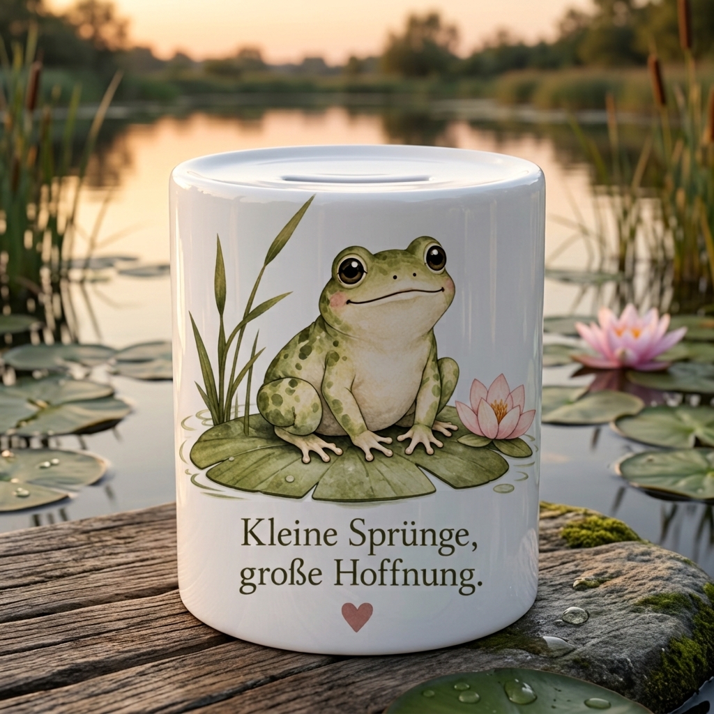 Süßen Frosch-Motivs auf der Spardose von Wortmelodie Moments