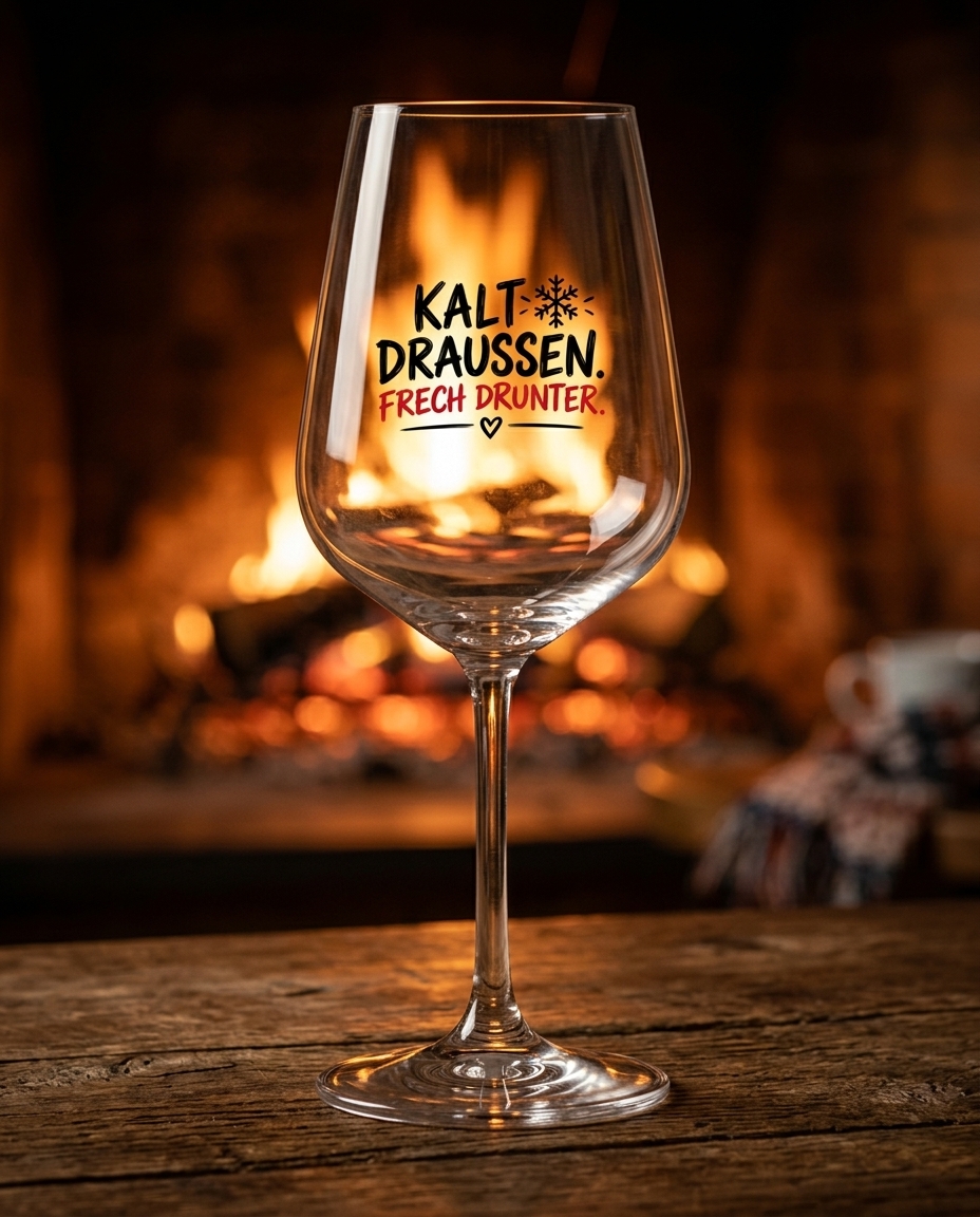 Elegantes Weinglas mit Aufschrift „Kalt draußen. Frech drunter.“ und Schneeflocken-Motiv von Wortmelodie Moments