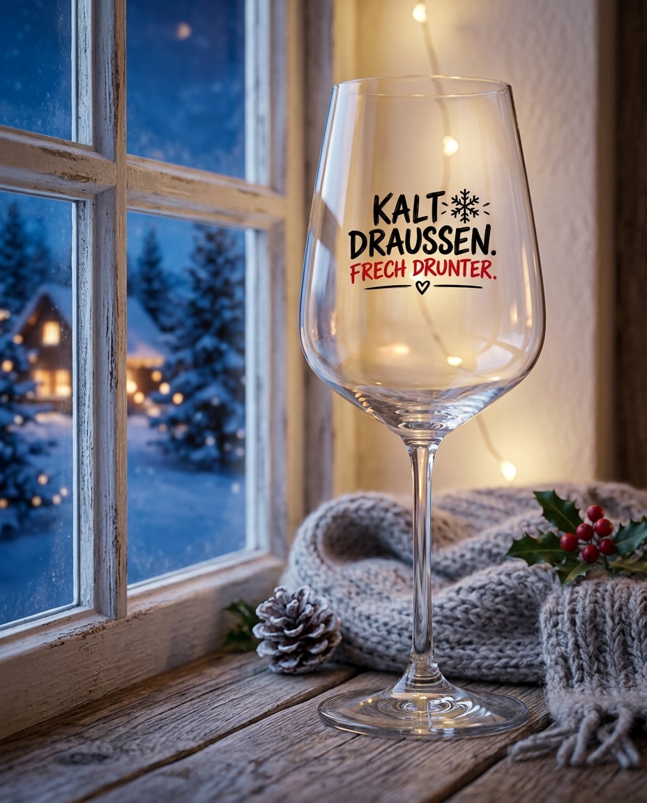 Weinglas „Kalt draußen. Frech drunter.“ – Genuss mit Stil und einem Schmunzeln