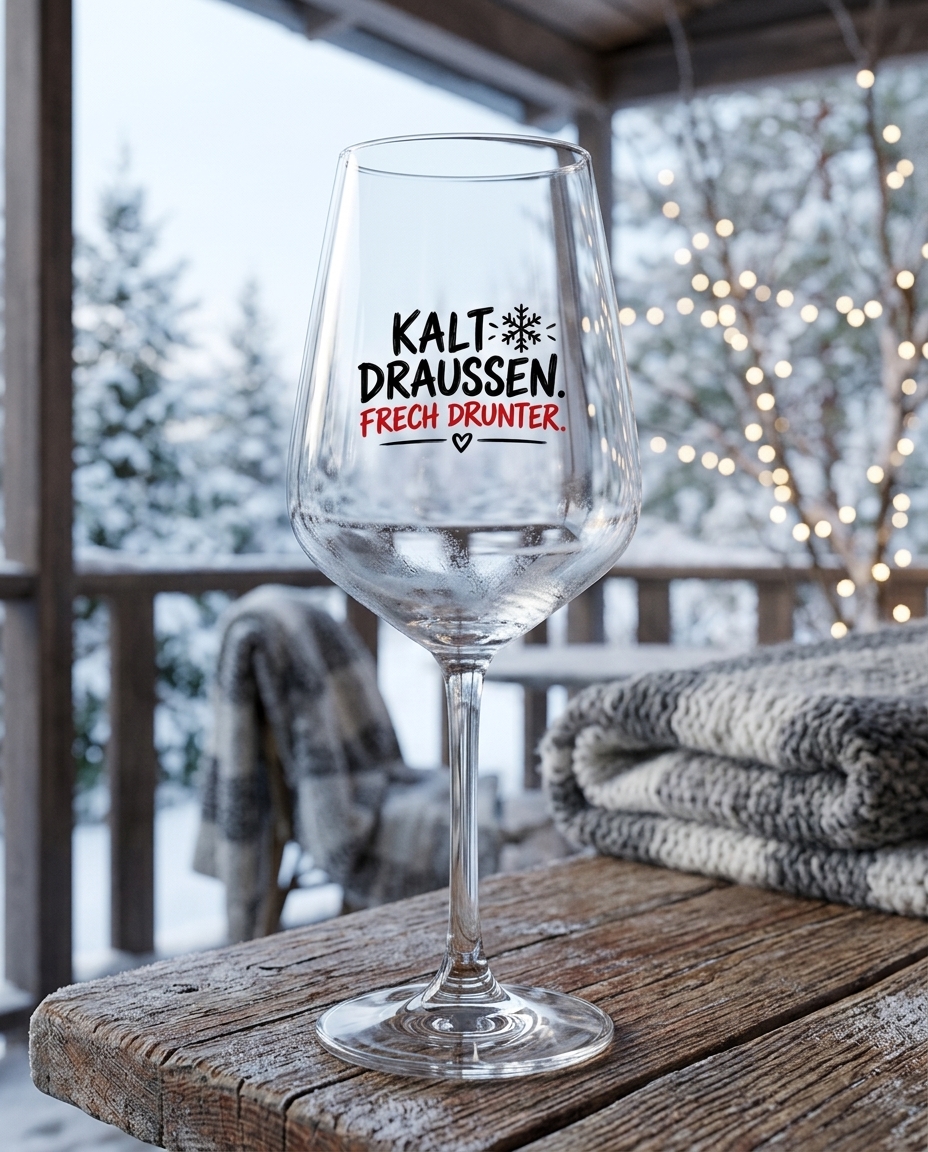 Weinglas „Kalt draußen. Frech drunter.“ – Genuss mit Stil und einem Schmunzeln