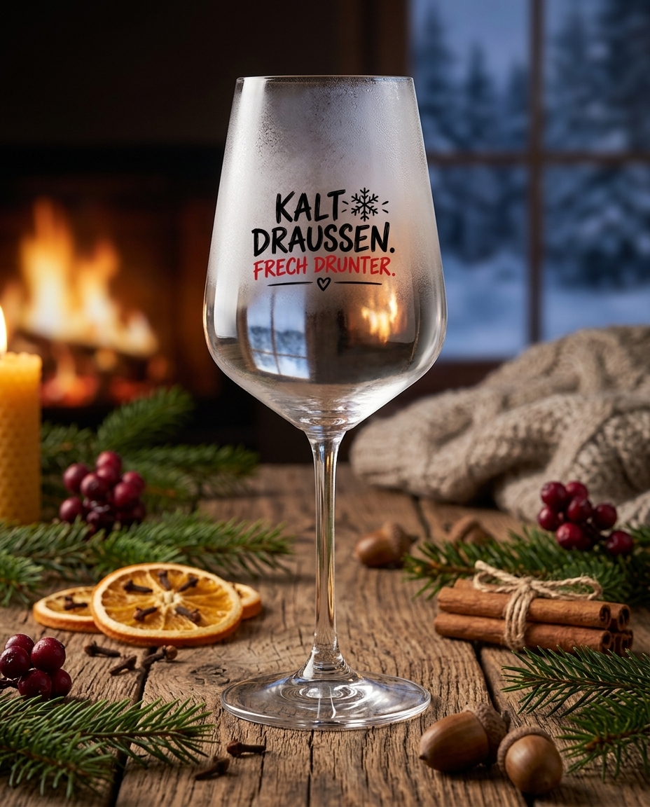 Weinglas „Kalt draußen. Frech drunter.“ – Genuss mit Stil und einem Schmunzeln