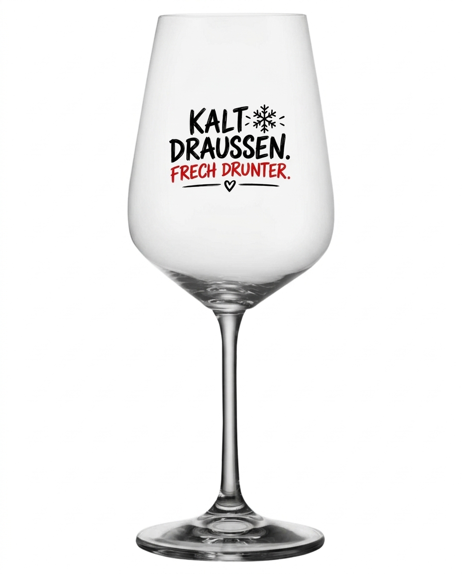 Weinglas „Kalt draußen. Frech drunter.“ – Genuss mit Stil und einem Schmunzeln