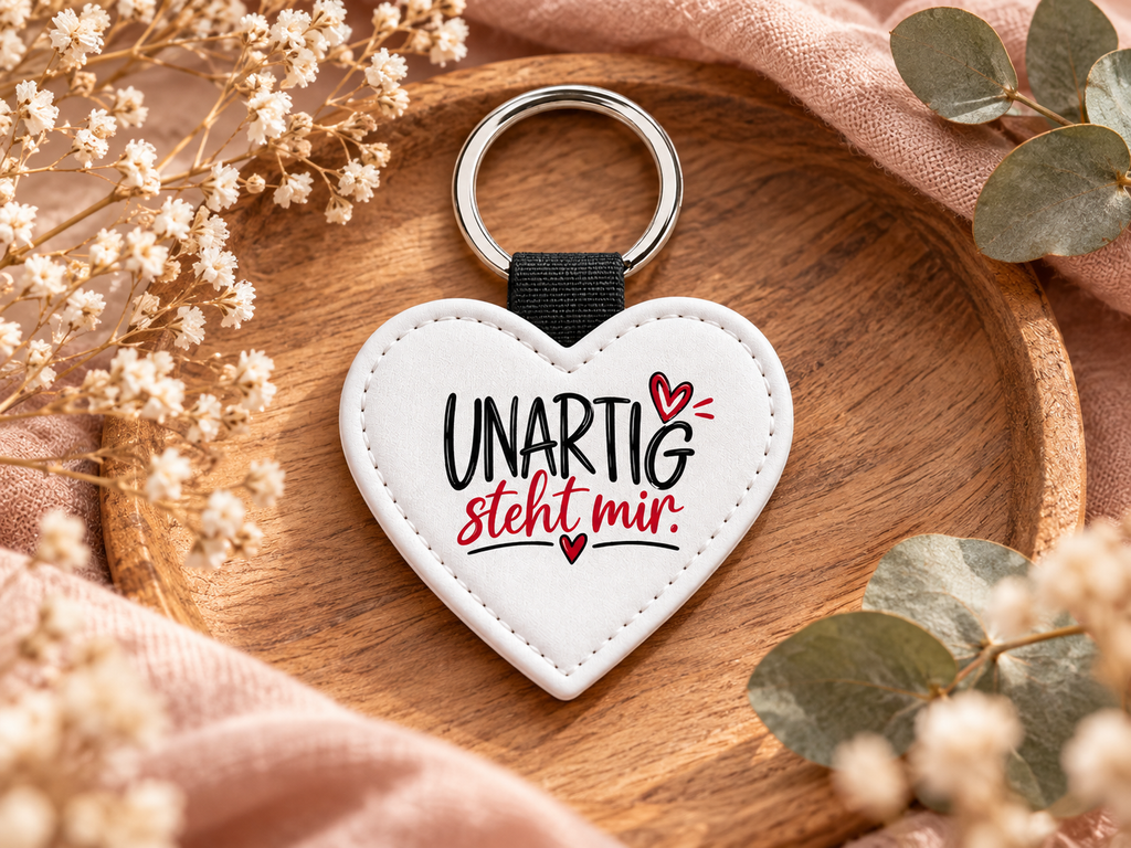 Herzförmiger Kunstleder-Schlüsselanhänger mit Aufschrift „UNARTIG steht mir“ von Wortmelodie Moments auf einem Holztablett mit Trockenblumen