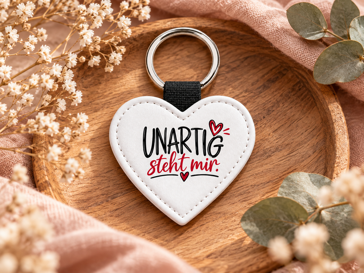 Herzförmiger Kunstleder-Schlüsselanhänger mit Aufschrift „UNARTIG steht mir“ von Wortmelodie Moments auf einem Holztablett mit Trockenblumen