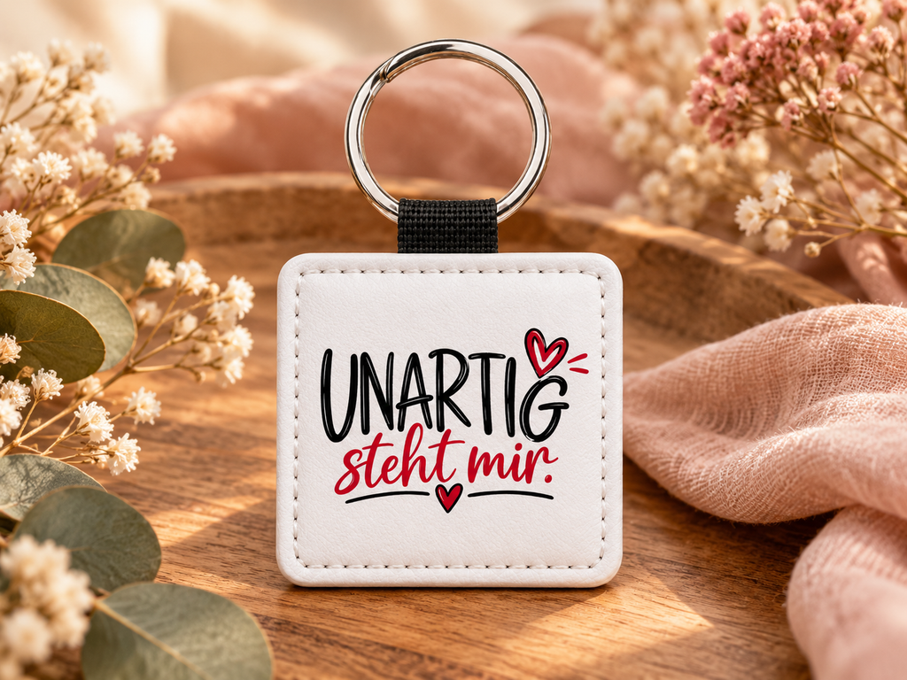 Quadratischer Kunstleder-Schlüsselanhänger mit Aufschrift „UNARTIG steht mir“ von Wortmelodie Moments