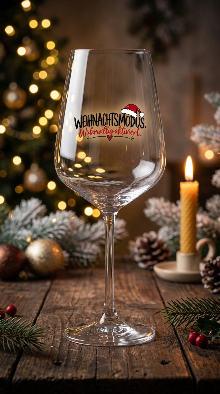Weinglas mit Aufschrift Weihnachtsmodus Widerwillig aktiviert von Wortmelodie Moments auf einem Holztisch vor weihnachtlicher Deko mit Kerze und Tannenbaum