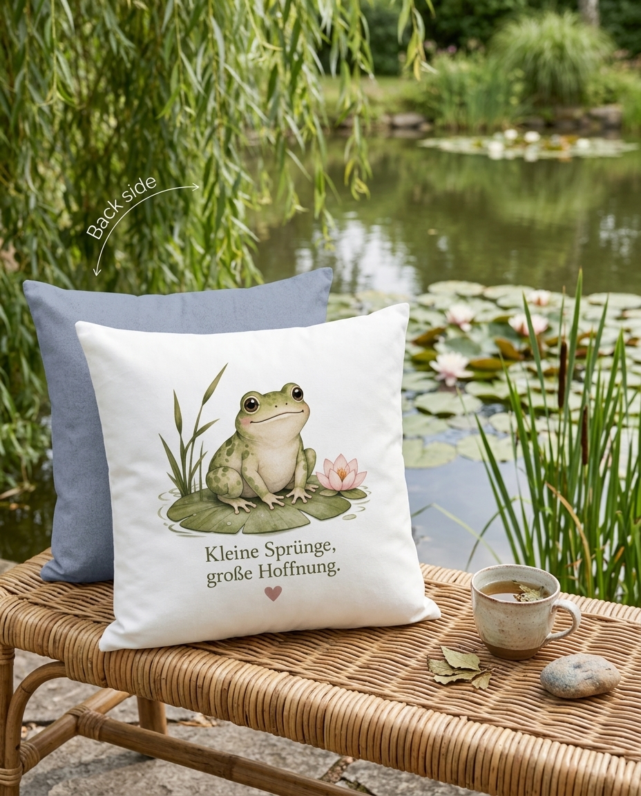 Zweifarbiger Kissenbezug Frosch mit Motiv Kleine Sprünge große Hoffnung von Wortmelodie Moments wie ein geschenk am Wasser